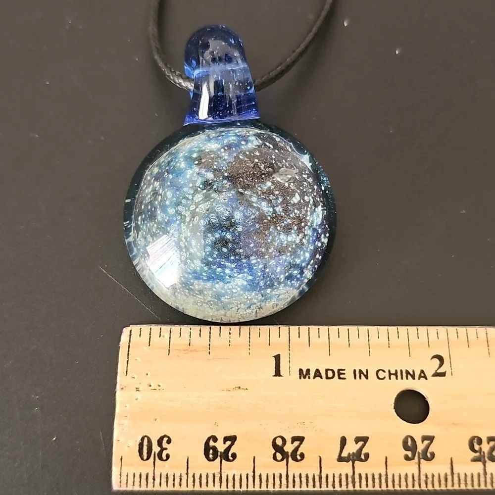Handblown Blue and Black Glass Orb Pendant Necklace 18 Inches 🎲